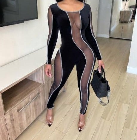 Women Sexy Mesh Patchwork Fashion Long Sleeve Jumpsuit