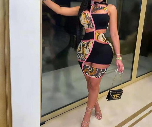 Women Sexy Printed Patchwork Sleeveless Cut Out Dress