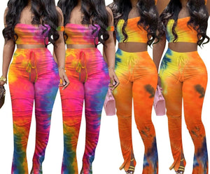 Women Sexy Tie Dye Two Piece Off The Shoulder Pant Set