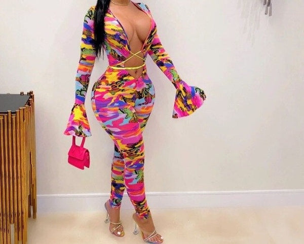 Women Sexy Colorful Camouflage Lace Up Jumpsuit