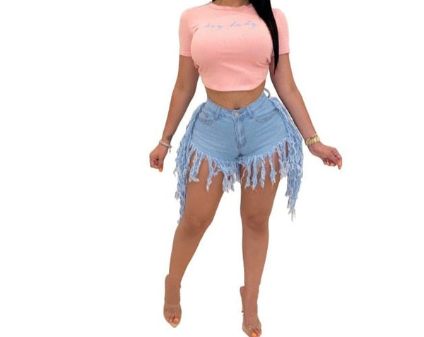 Women Fashion Tassel High Waist Denim Shorts