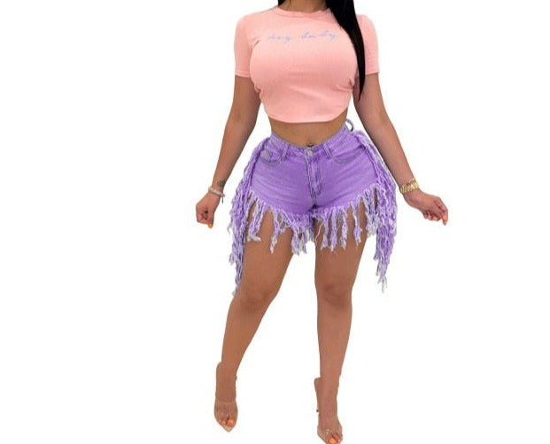 Women Fashion Tassel High Waist Denim Shorts