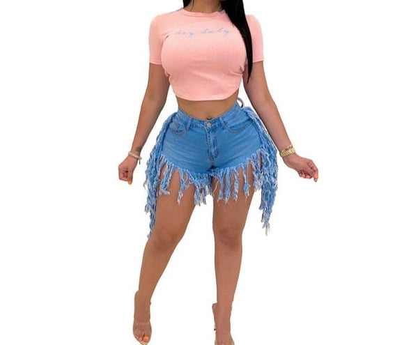 Women Fashion Tassel High Waist Denim Shorts