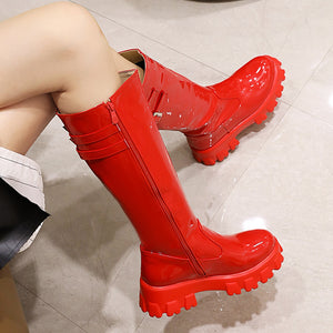 Women Solid Color PU Fashion Zip Up Knee High Boots