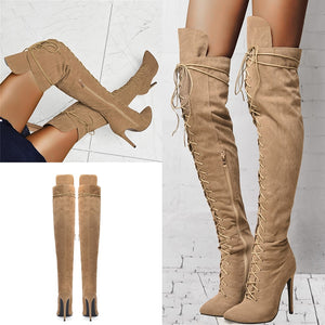 Women Suede Lace Up Over The Knee High Heel Boots