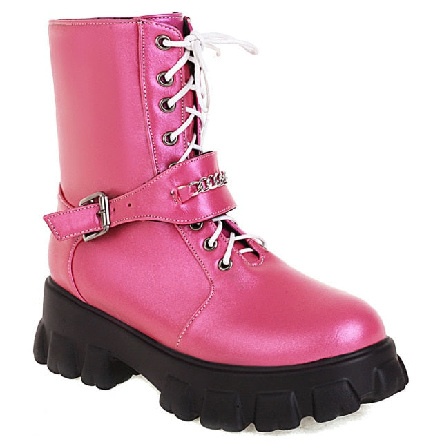 Women Solid Color Fashion Lace Up Buckled Round Toe Boots