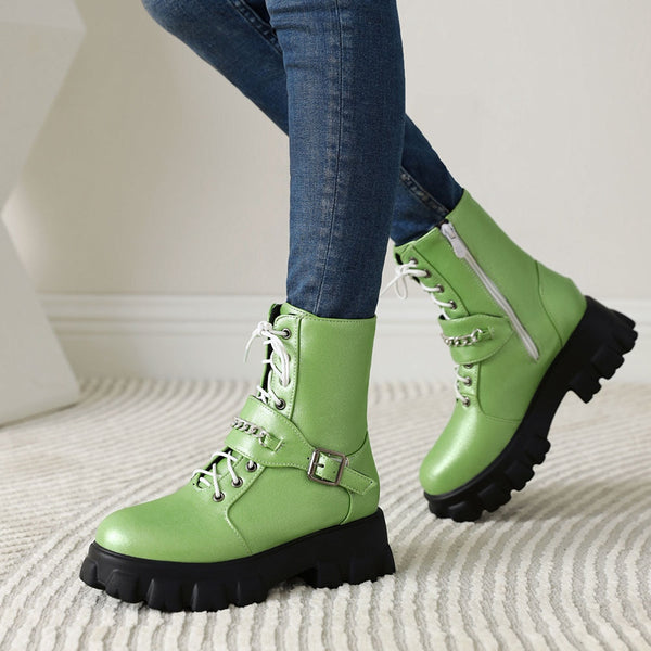 Women Solid Color Fashion Lace Up Buckled Round Toe Boots