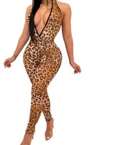 Women Sexy Fashion Leopard Print Hooded Jumpsuit