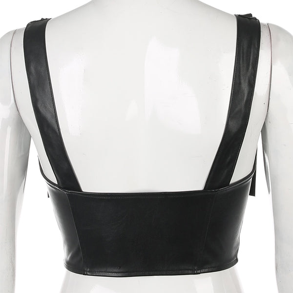 Women Faux Leather Black Top