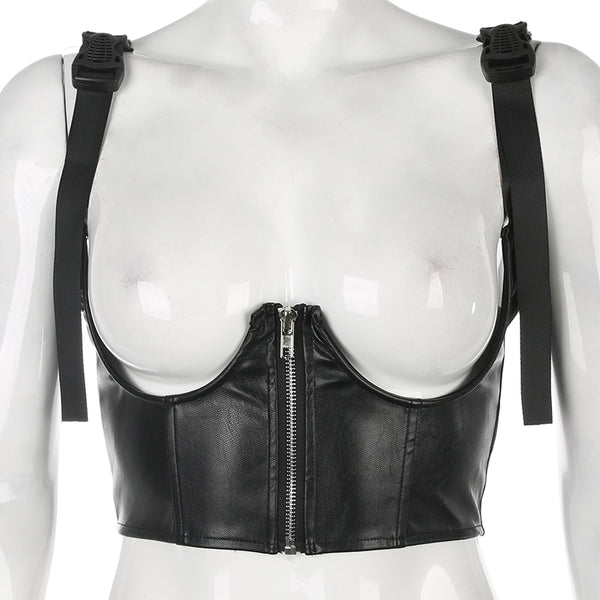 Women Faux Leather Black Top