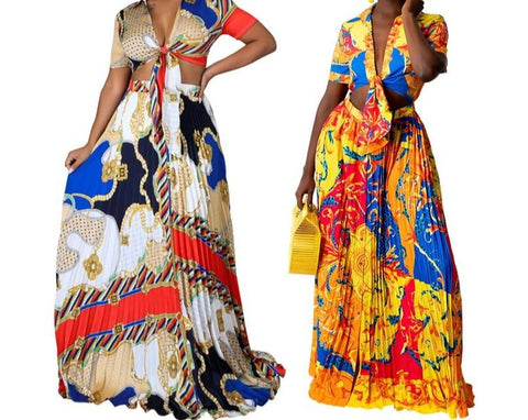 Women Two Piece Fashion Colorful Vintage Print Maxi Skirt Set