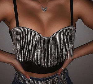 Women Rhinestone Tassel Black Fashion Tank Crop Top