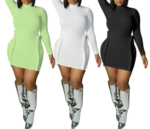 Women Fashion Sexy Full Sleeve Solid Color Mini Dress