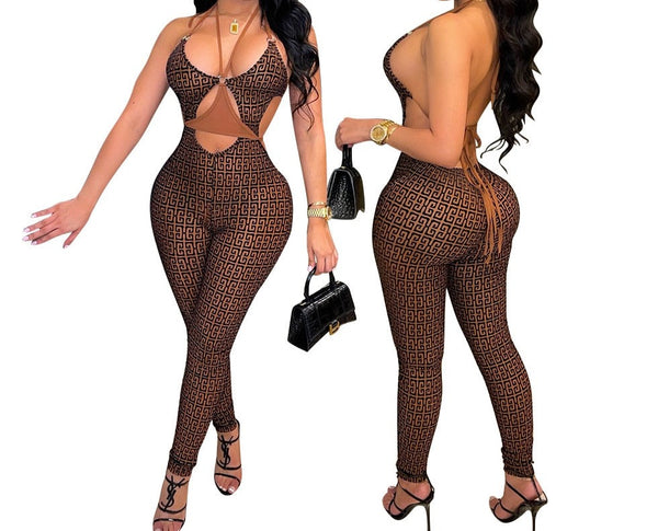 Women Printed Sexy Cut Out Halter Backless Jumpsuit