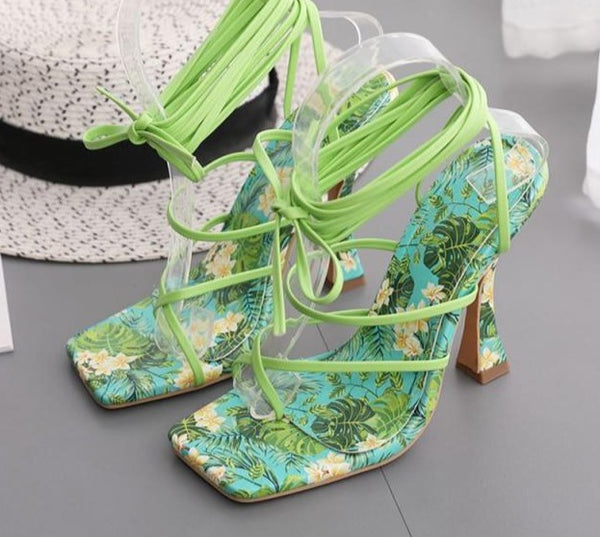Women Square Toe Printed Fashion Lace Up Sandals