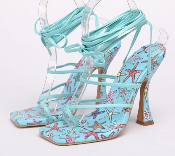 Women Square Toe Printed Fashion Lace Up Sandals