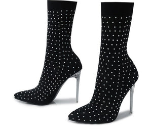 Women Pointed Toe Rhinestone High Heel Ankle Boots