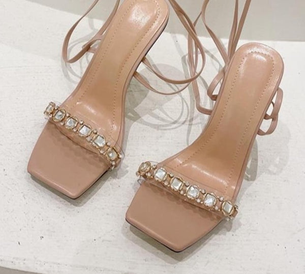 Women Transparent Crystal Open Toe Lace Up Sandals