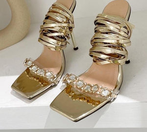 Women Transparent Crystal Open Toe Lace Up Sandals