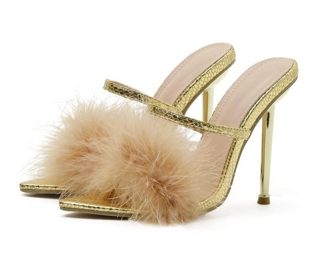 Women Pointed Toe Fashion Faux Fur Slide On High Heel Sandals