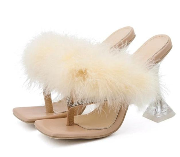 Women Fashion Rhinestone Fur High Heel Sandals