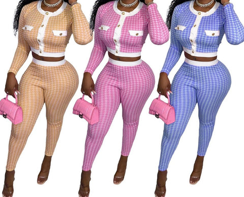 Women Printed Two Piece Long Sleeve Crop Fashion Pant Set