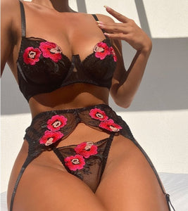 Women Embroidery Rose Sexy Mesh Three Piece Lingerie Set