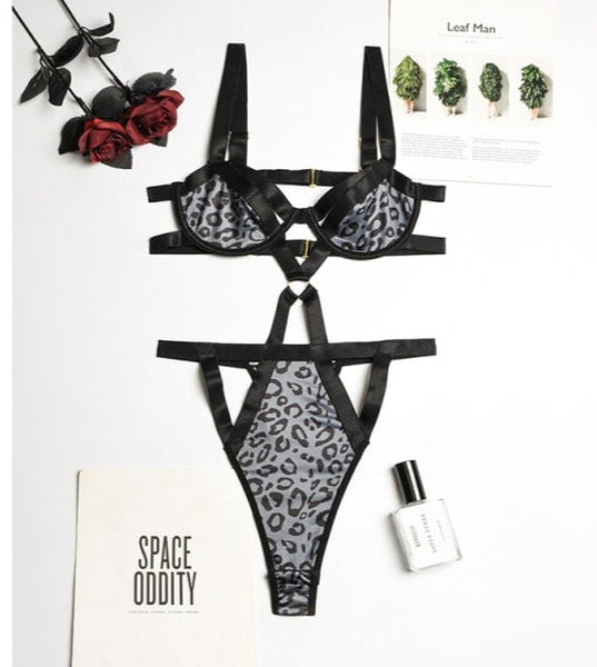Women Sexy Leopard Patchwork Cut Out Bodysuit Lingerie