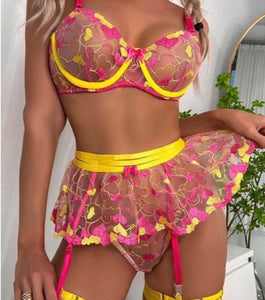 Women Sexy Ruffle Heart Mesh Three Piece Lingerie Set