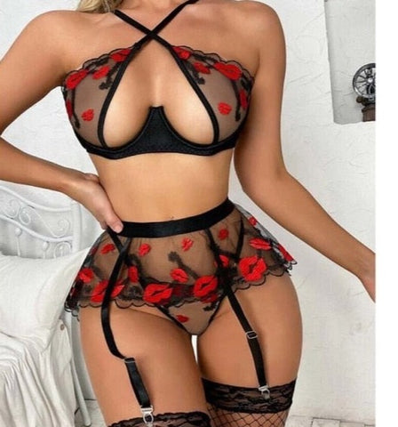 Women Sexy Red Lip Embroidery Mesh Three Piece Lingerie Set