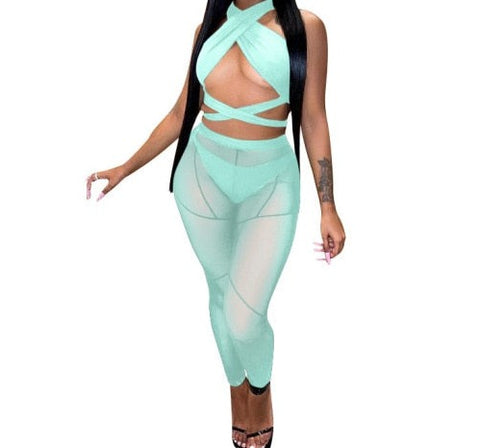 Women Mesh Sexy Halter Sleeveless Two Piece Pant Set