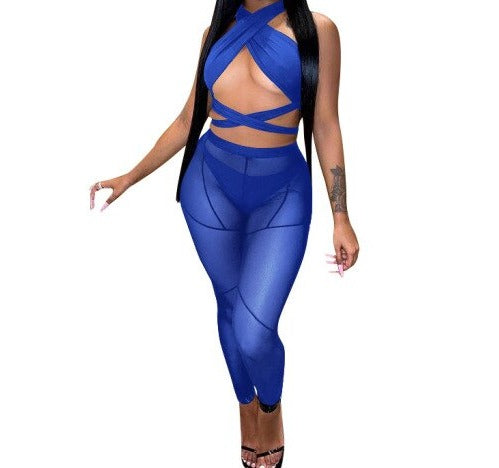 Women Mesh Sexy Halter Sleeveless Two Piece Pant Set