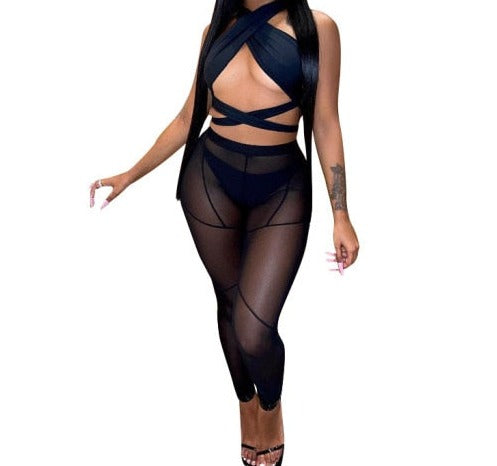 Women Mesh Sexy Halter Sleeveless Two Piece Pant Set