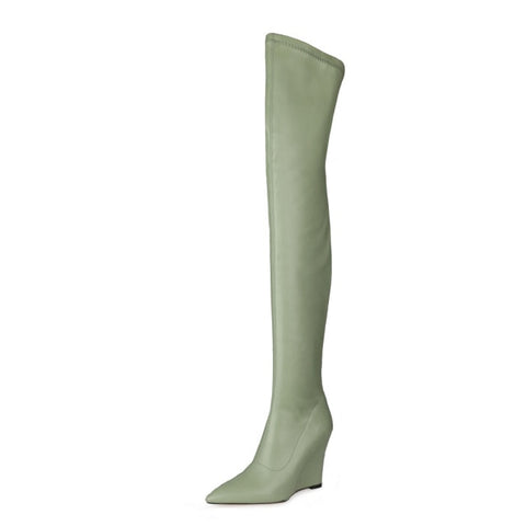 Women Wedge Pointed Toe Thigh High Fashion Boots