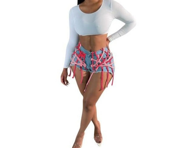 Women Tassel Lace Up Fashion Mini Denim Shorts