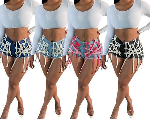 Women Tassel Lace Up Fashion Mini Denim Shorts