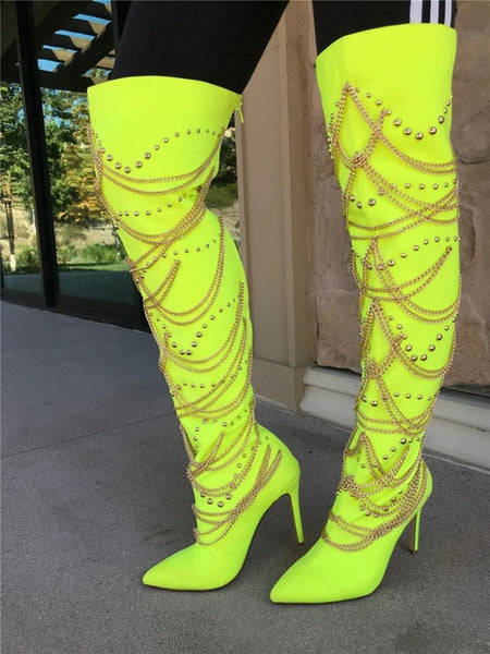 Women Fashion Metal Chain Rivet Over The Knee High Heel Boots