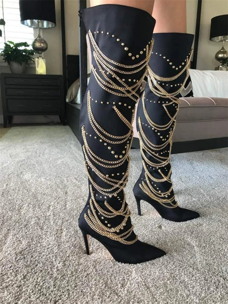 Women Fashion Metal Chain Rivet Over The Knee High Heel Boots