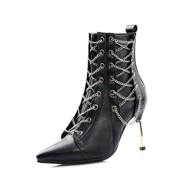 Women Fashion Chain Pointed Toe High Heel Ankle Boots