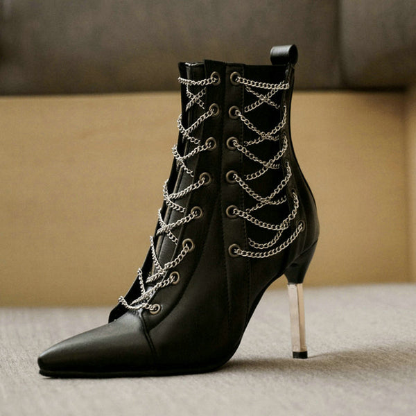 Women Fashion Chain Pointed Toe High Heel Ankle Boots