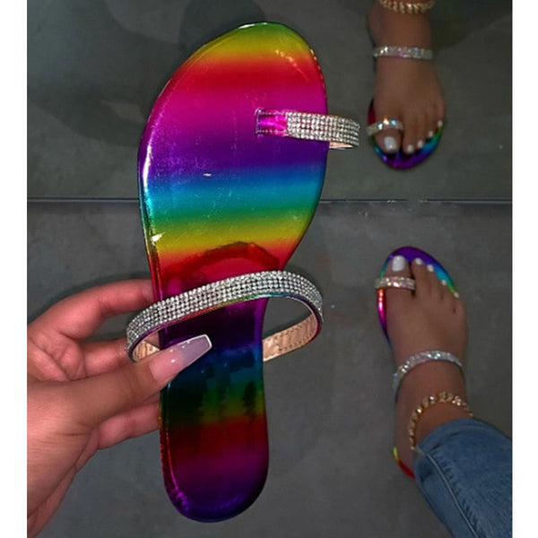 Women Fashion Multi-Color Flat Rhinestone Sandals