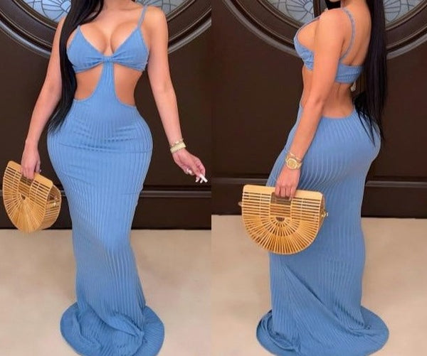 Women V-Neck Sexy Spaghetti Strap Cut Out Maxi Dress