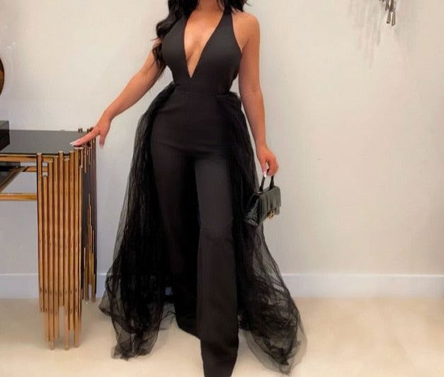 Women Fashion Black Backless Halter Tulle Wide Leg Jumpsuit