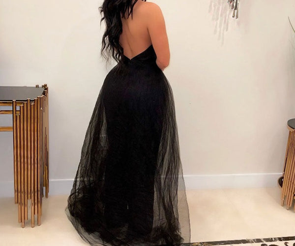 Women Fashion Black Backless Halter Tulle Wide Leg Jumpsuit