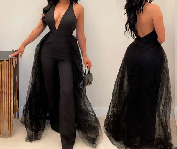 Women Fashion Black Backless Halter Tulle Wide Leg Jumpsuit