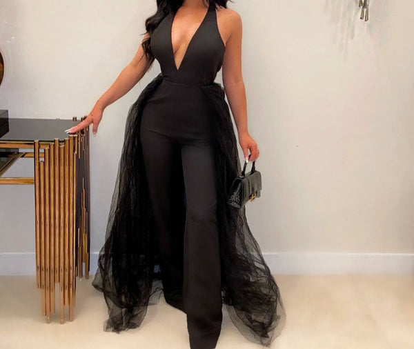 Women Fashion Black Backless Halter Tulle Wide Leg Jumpsuit