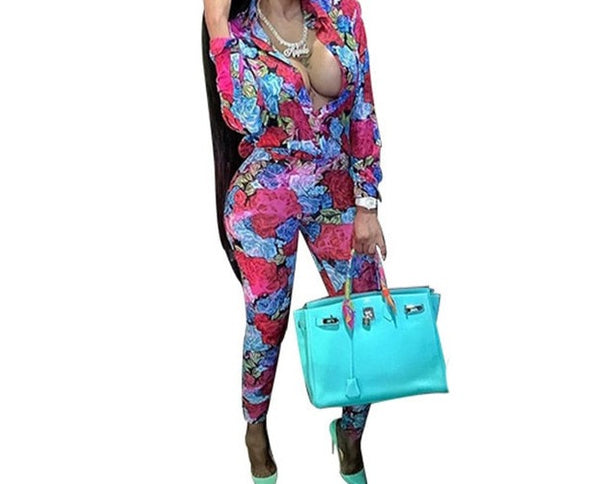 Women Fashion Floral Print Two Piece Pant Set