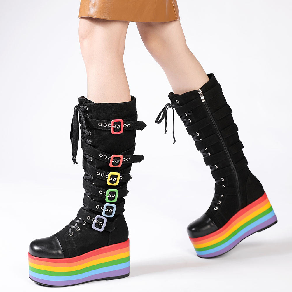 Women Rainbow Buckle Thick Platform Fashion Boots