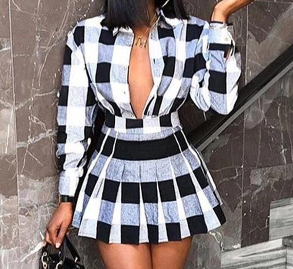 Women Sexy Fashion Black/White Plaid Two Piece Top Skirt Set