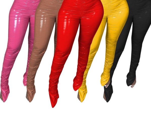Women PU Leather Stacked Split Hem Fashion Pants